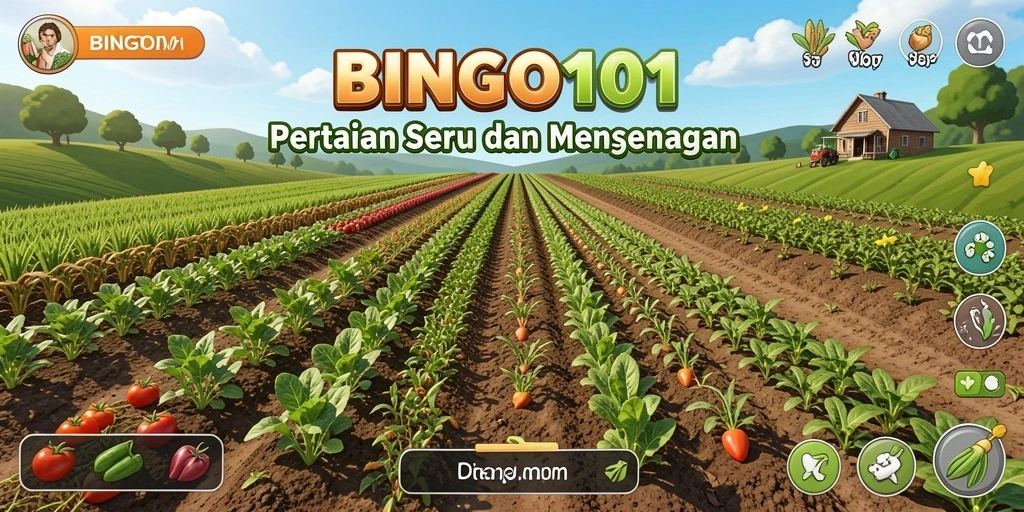 Tampilan gameplay seru di BINGO101 dengan aktivitas bertani yang menarik.